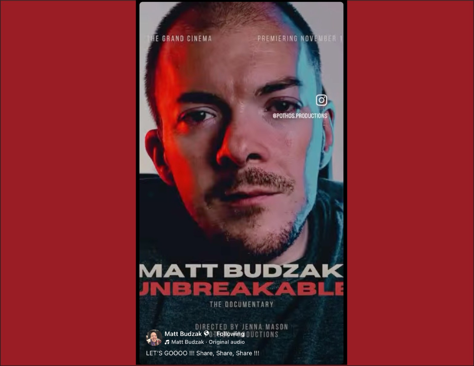 Poster advertising the pre-screening of the documentary "Matt Budzak: Unbreakable" overlain on bad-ass close-up photo of Matt